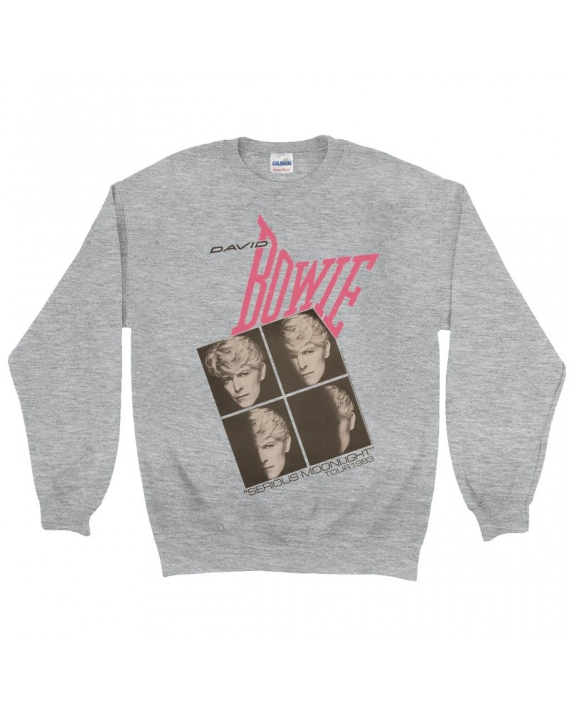 David Bowie Sweatshirt | Serious Moonlight 1983 Concert Tour Poster Pink Sweatshirt $14.33 Sweatshirts