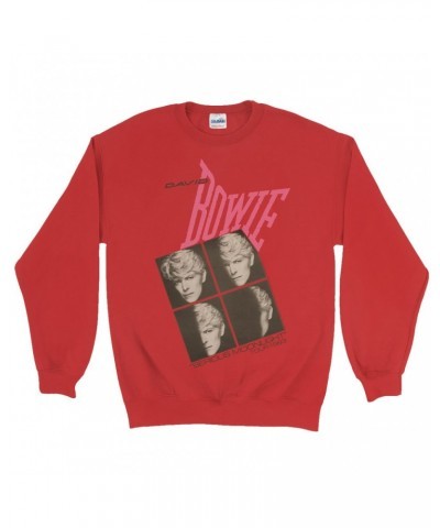 David Bowie Sweatshirt | Serious Moonlight 1983 Concert Tour Poster Pink Sweatshirt $14.33 Sweatshirts